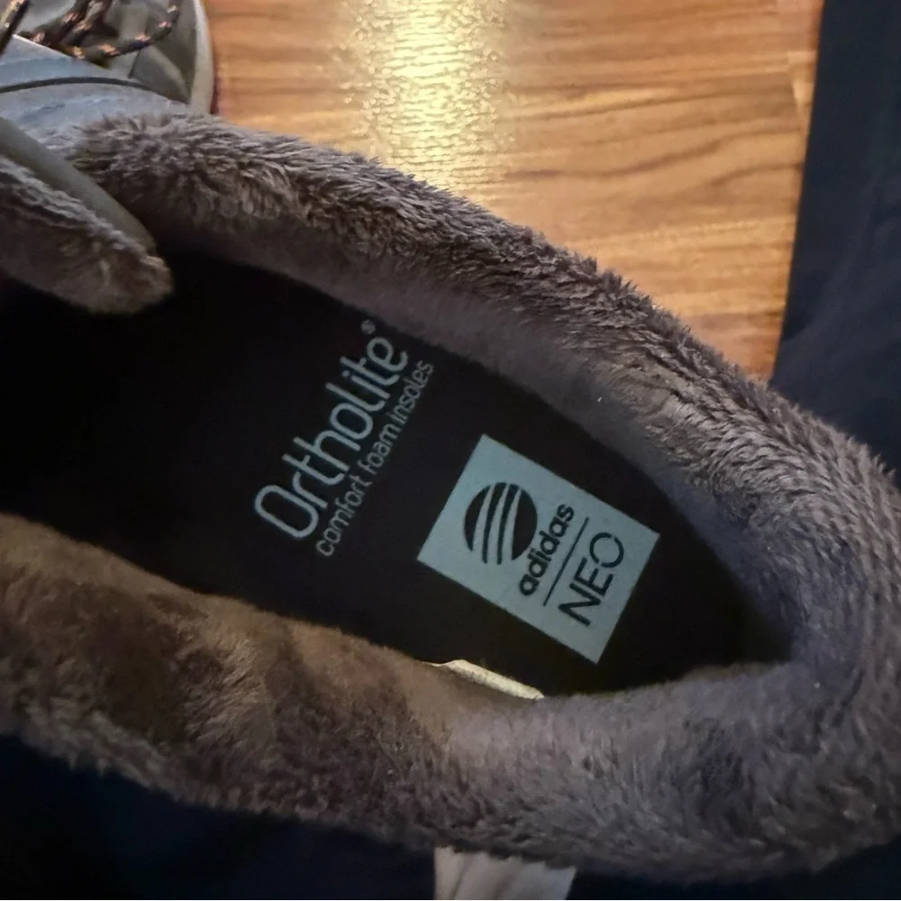 Brown Adidas Ortholite suede sneakers with fuzzy material